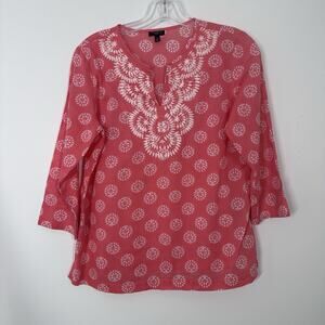 Talbots Womens SP Pink 3/4 Sleeve Cotton Printed Lightweight Semi Sheer Blouse